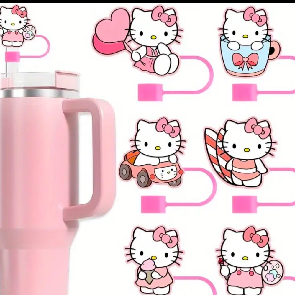 NEW Lot of 6 Hello Kitty Straw Toppers in Pink
